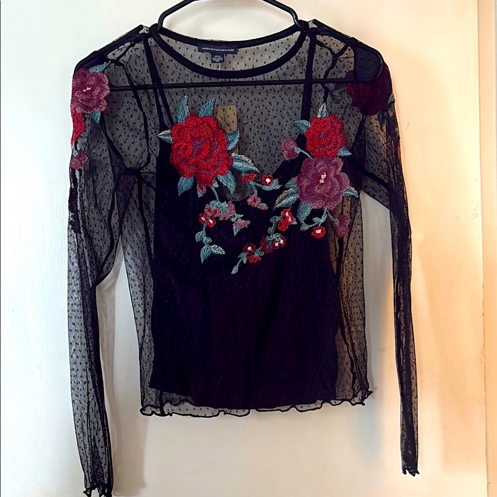 American Eagle Floral Black Mesh Top